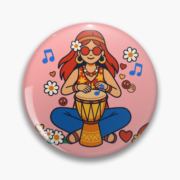 Item preview, Retro Hippie Girl Playing Djembe Drum – 70s Vintage Boho Music Art designed and sold by Far Out Goods.