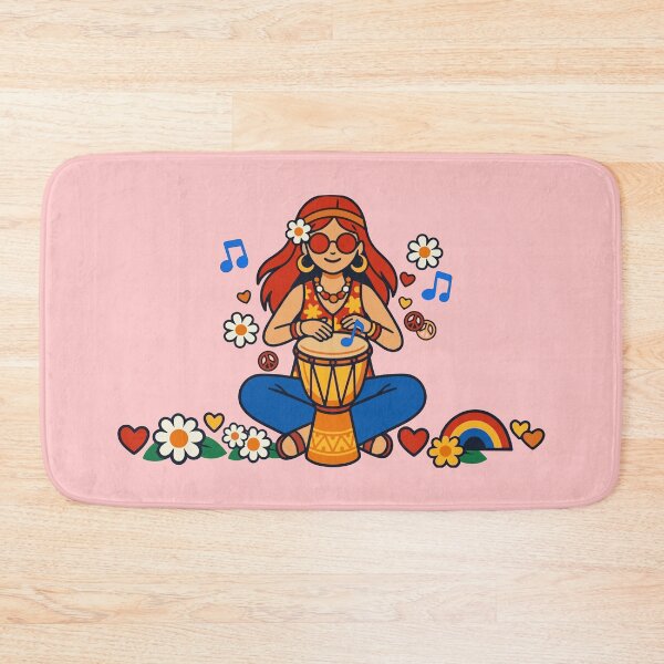 Item preview, Retro Hippie Girl Playing Djembe Drum – 70s Vintage Boho Music Art designed and sold by Far Out Goods.
