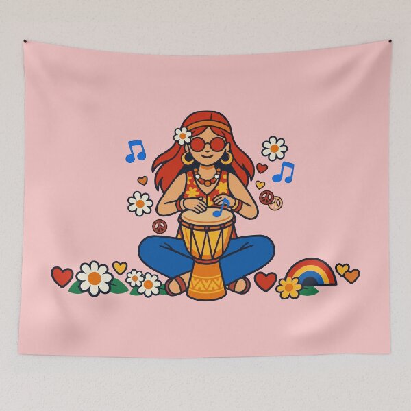 Item preview, Retro Hippie Girl Playing Djembe Drum – 70s Vintage Boho Music Art designed and sold by Far Out Goods.