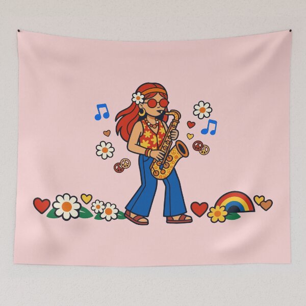 Item preview, Retro 70s Hippie Girl Playing Saxophone – Vintage Boho Aesthetic Art designed and sold by Far Out Goods.
