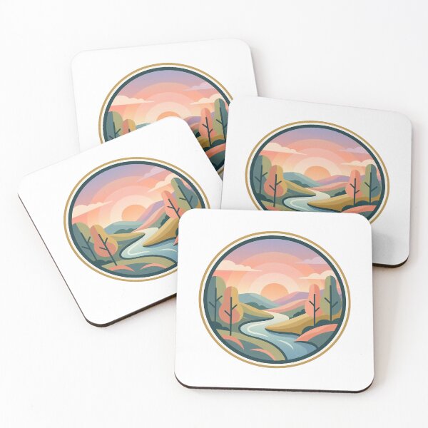 Item preview, Pastel Mountain Sunset - Retro River Landscape Nature Badge designed and sold by Robo-toons.