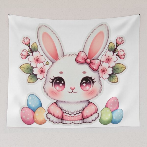 Item preview, Cute Kawaii Easter Bunny Girl with Pink Bow & Cherry Blossoms designed and sold by PixelVibe782.
