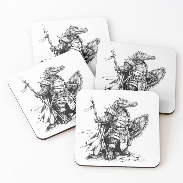 Item preview, Armored Crocodile Knight Fantasy Warrior in Black and White designed and sold by inkoutninja.