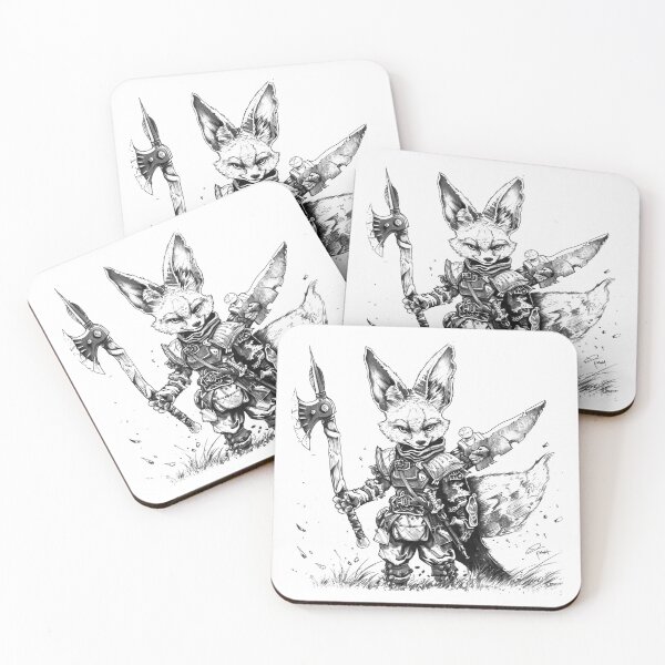 Artikelvorschau, Fantasy-Fennek-Fuchs-Krieger in Schwarz-Weiß-Illustration entworfen und verkauft von inkoutninja.