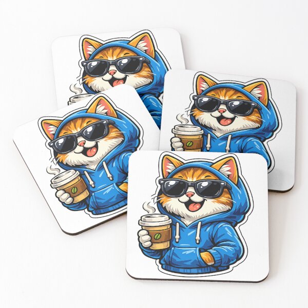 Item preview, Cute Funny Cat With Sunglasses Drinking Coffee – Cool Hoodie Cat Meme Cartoon Sticker designed and sold by Goeagle.