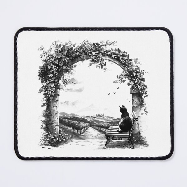 Item preview, Black Cat Under Vineyard Arch in Monochrome Landscape designed and sold by inkoutninja.