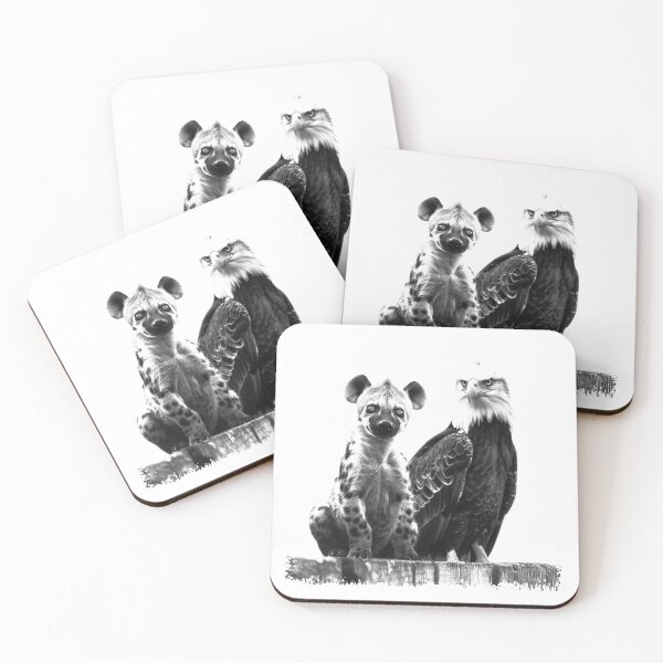 Item preview, Spotted Hyena and Bald Eagle Duo in Black and White Wildlife Art designed and sold by inkoutninja.