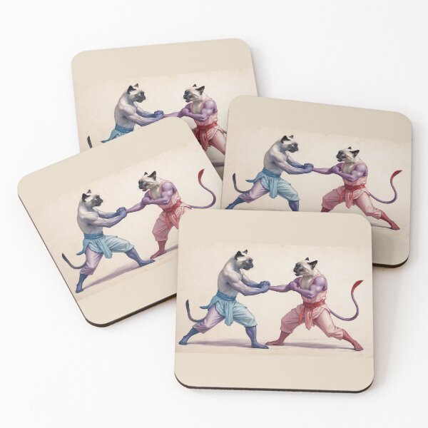 Item preview, Anthropomorphic Siamese Cats Fighting – Red vs Blue Martial Arts Rivalry Illustration designed and sold by Caterina@.