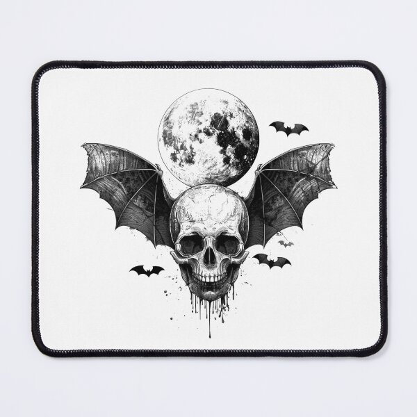 Item preview, Gothic Skull with Bat Wings and Moon in Black and White designed and sold by inkoutninja.