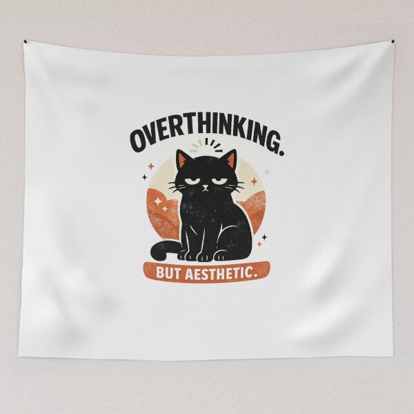 Item preview, Overthinking But Aesthetic Black Cat Funny Retro T-Shirt Design designed and sold by Teenomix.
