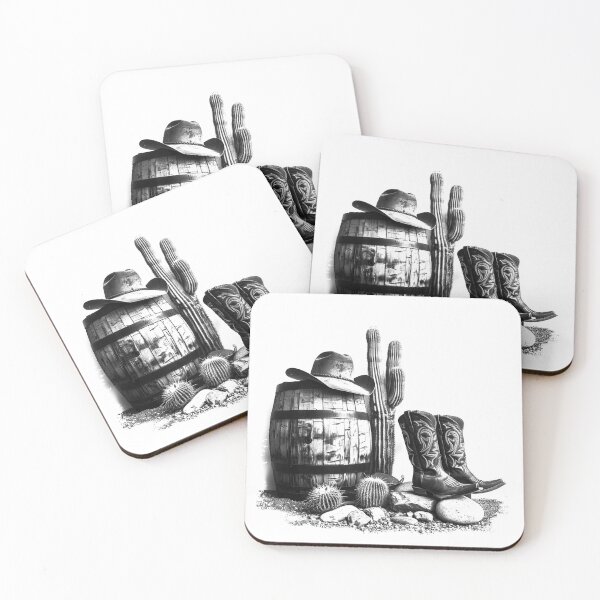 Item preview, Western Cowboy Boots Cactus and Barrel in Black and White designed and sold by inkoutninja.