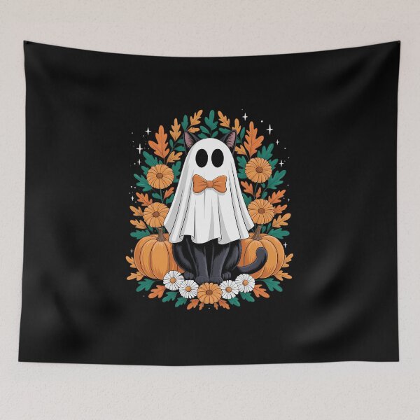 Item preview, Halloween Ghost Holding Black Cat Groovy Floral designed and sold by IdunayaStore.
