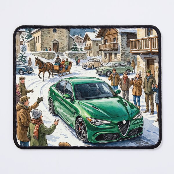 Item preview, Artistic Watercolor Painting Of Green Sedan In Snowy Town designed and sold by RevUpDesign.