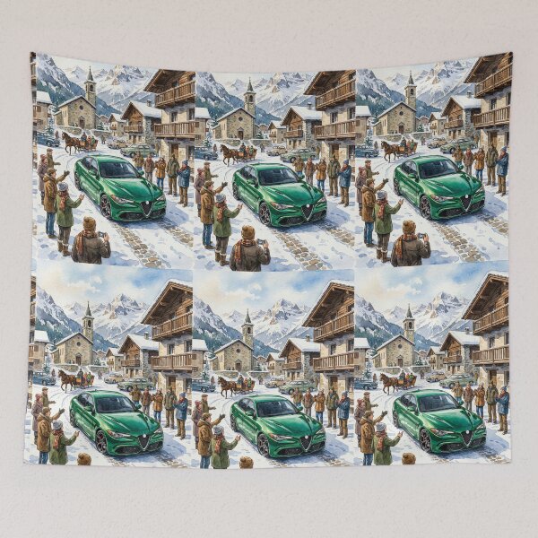 Item preview, Artistic Watercolor Painting Of Green Sedan In Snowy Town designed and sold by RevUpDesign.