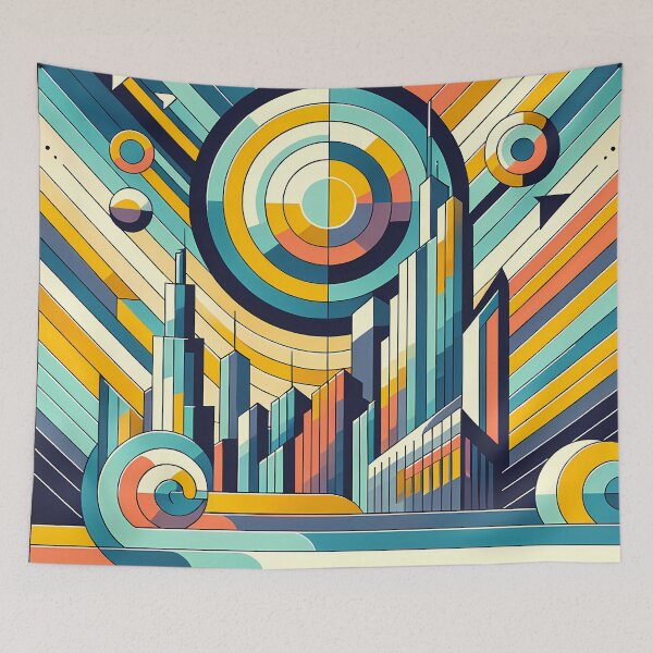 Item preview, Geometric Retro Cityscape with Concentric Sun designed and sold by InkSmithery.