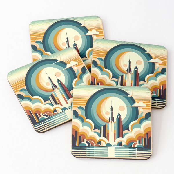 Item preview, Retro Rocket Launch Over Geometric City designed and sold by InkSmithery.