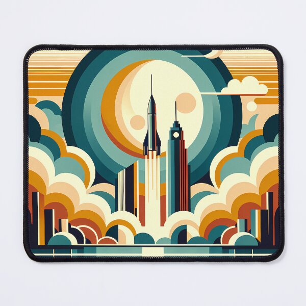 Item preview, Retro Rocket Launch Over Geometric City designed and sold by InkSmithery.