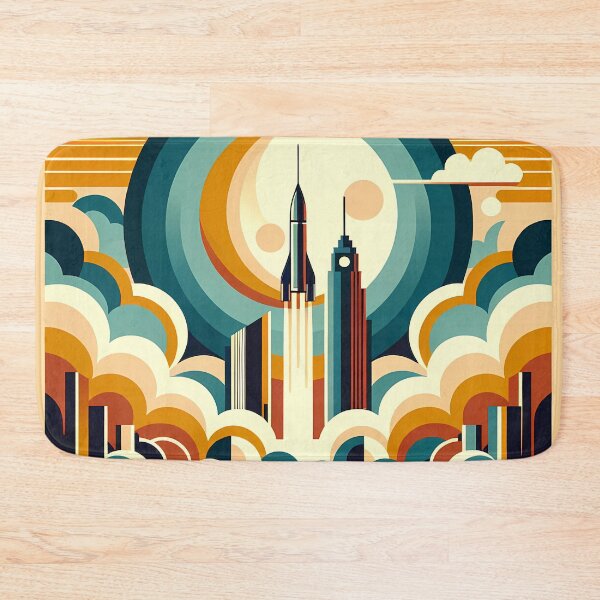 Item preview, Retro Rocket Launch Over Geometric City designed and sold by InkSmithery.