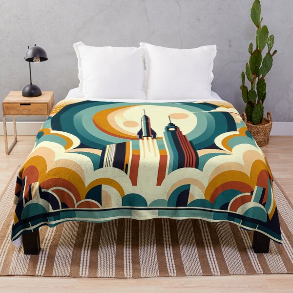 Item preview, Retro Rocket Launch Over Geometric City designed and sold by InkSmithery.