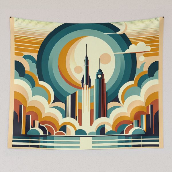 Item preview, Retro Rocket Launch Over Geometric City designed and sold by InkSmithery.