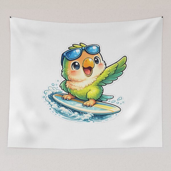 Item preview, Kawaii Lovebird Surfing – Cute Parrot Surfer Cartoon designed and sold by Rabbit-run.
