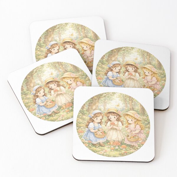 Item preview, Whimsical Cottagecore Girls Gathering Mushrooms and Flowers in Enchanted Forest Garden Scene designed and sold by Teenidesign .