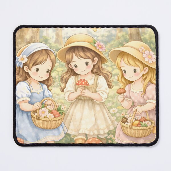 Item preview, Whimsical Cottagecore Girls Gathering Mushrooms and Flowers in Enchanted Forest Garden Scene designed and sold by Teenidesign .