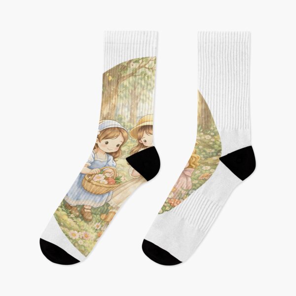Item preview, Whimsical Cottagecore Girls Gathering Mushrooms and Flowers in Enchanted Forest Garden Scene designed and sold by Teenidesign .