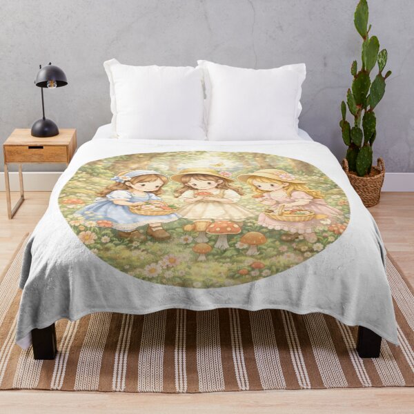 Item preview, Whimsical Cottagecore Girls Gathering Mushrooms and Flowers in Enchanted Forest Garden Scene designed and sold by Teenidesign .