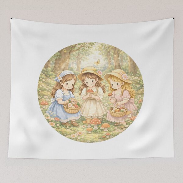 Item preview, Whimsical Cottagecore Girls Gathering Mushrooms and Flowers in Enchanted Forest Garden Scene designed and sold by Teenidesign .