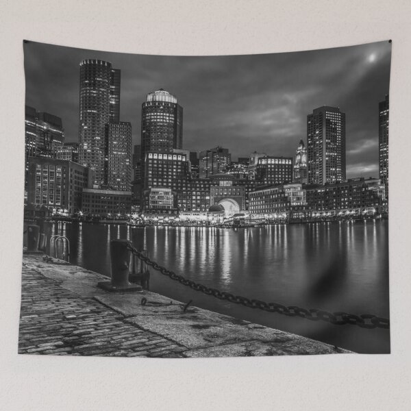Item preview, Boston waterfront skyline black and white panoramic photograph poster art print designed and sold by Astrid Arkhangelsky.