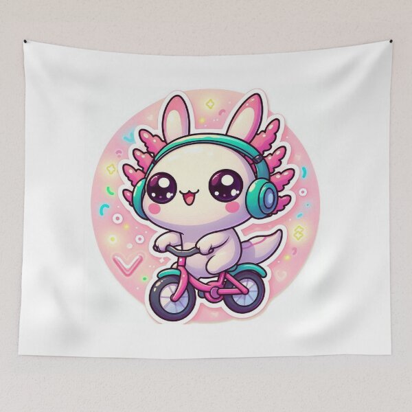 Item preview, Cute Kawaii Axolotl Bunny Riding Bicycle with Headphones designed and sold by Mitaudesign.