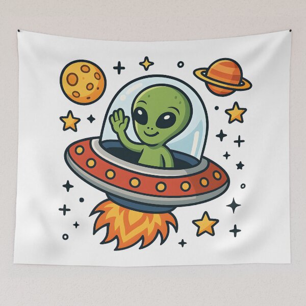 Item preview, Cute Alien in UFO Cartoon Space Adventure Design. designed and sold by The-T-In-Retro.