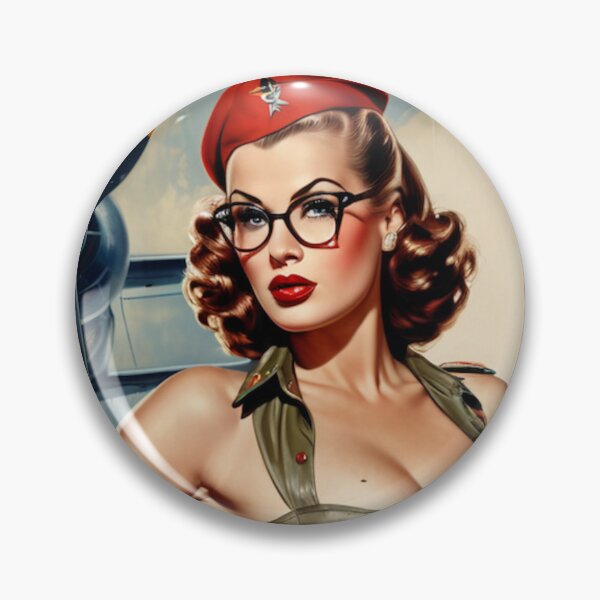 Item preview, Redhead Army Pin-Up in Olive Leather Flight Suit & Glasses – Retro 1950s Fighter Jet Aviation Nose Art designed and sold by MissSaylor.