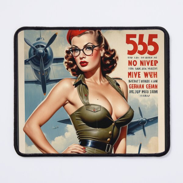 Item preview, Redhead Army Pin-Up in Olive Leather Flight Suit & Glasses – Retro 1950s Fighter Jet Aviation Nose Art designed and sold by MissSaylor.