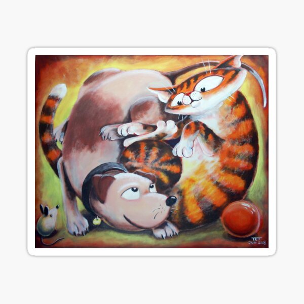 Item preview, Tangled Toys Funny Cartoon Stylized Cat Dog Art Painting designed and sold by etourist.