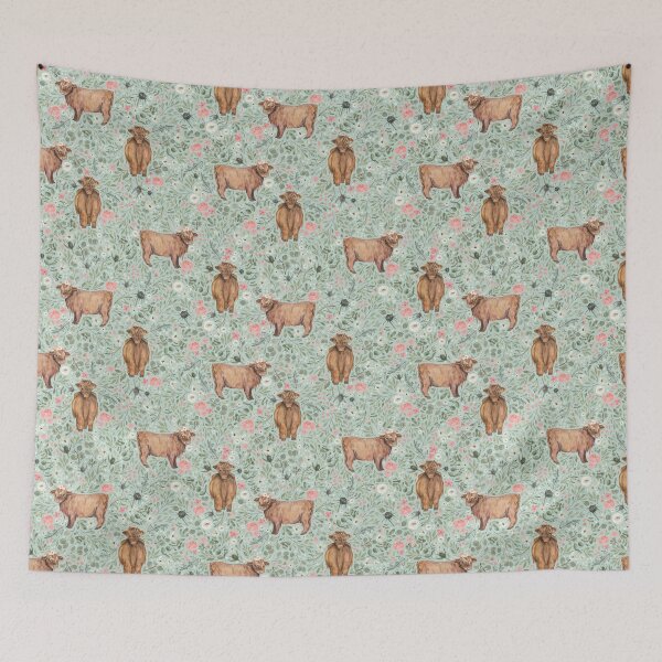 Item preview, Floral Highland Cow pattern with roses, eucalyptus and Scottish thistles designed and sold by Elena  O'Neill.