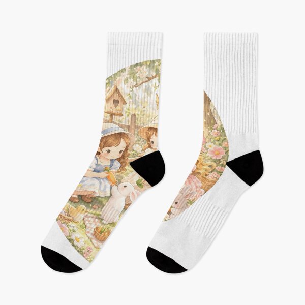 Item preview, Sweet Cottagecore Girls Picnic with Rabbits and Flower Baskets in Enchanted Garden Meadow designed and sold by Teenidesign .