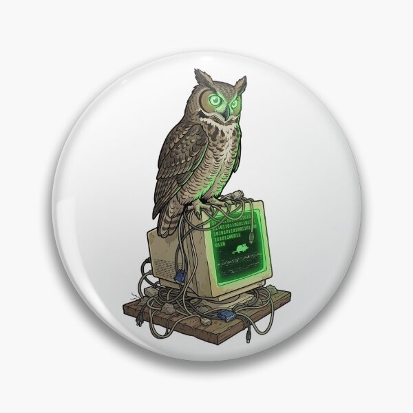 Artikelvorschau, Eule beobachtet Röhrenmonitor – Retro-Tech-Weirdcore-Meme – Programmiereule entworfen und verkauft von Mythic Ink Studio.