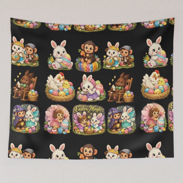 Item preview, Easter Bunny and Cute Animal Friends With Colorful Eggs, Spring Magic, Baby animals in Costumes, Whimsical Scene designed and sold by FireOrchid.