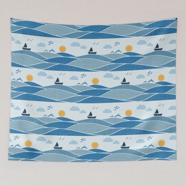 Item preview, Seamless Ocean Waves With Sailboat Dolphins And Sunset designed and sold by DColourMuse.