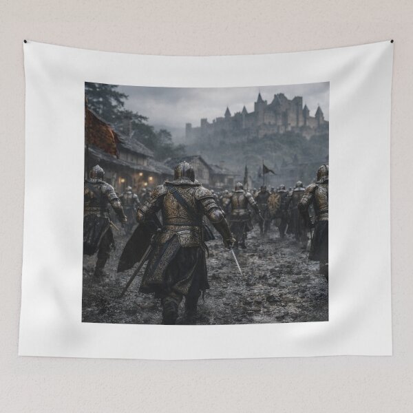 Item preview, Medieval Knights Marching Through Rain Towards Castle designed and sold by NiceArtsPlace.