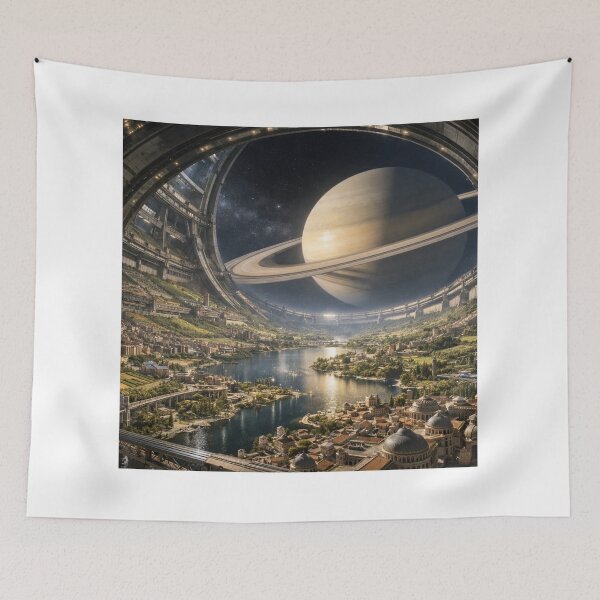 Item preview, Futuristic Space Colony Overlooking Saturn Planet designed and sold by NiceArtsPlace.