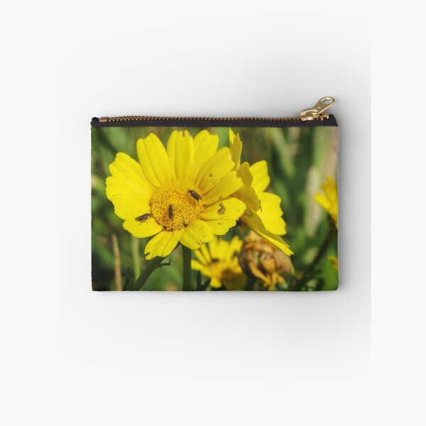 Item preview, Yellow Daisy With Small Insects Feeding on Pollen Close-Up Macro Wildflower Pollination Scene designed and sold by Nmallia.