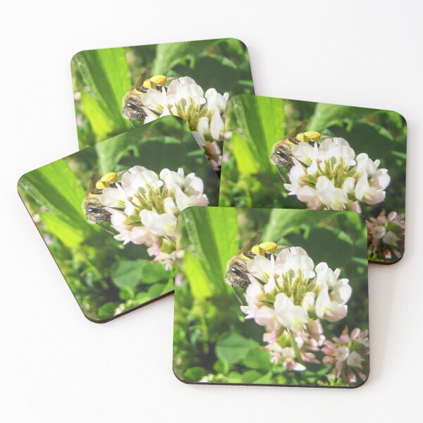 Item preview, Honeybee Collecting Pollen On White Clover Flower In Sunny Green Meadow Close-Up designed and sold by Nmallia.