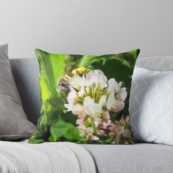 Item preview, Honeybee Collecting Pollen On White Clover Flower In Sunny Green Meadow Close-Up designed and sold by Nmallia.
