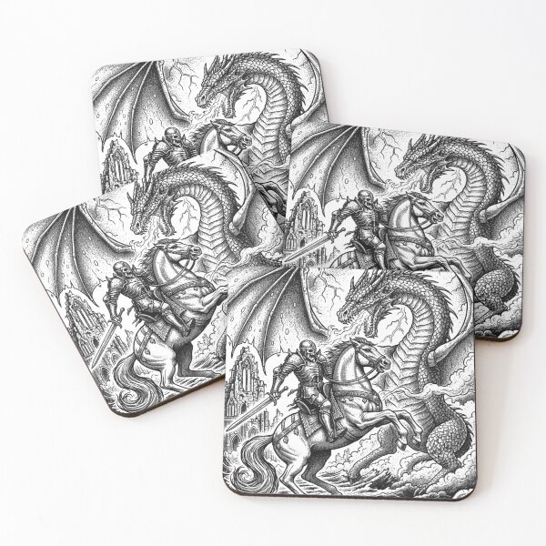 Item preview, Skeleton Knight Riding Horse Fighting Fire Dragon Fantasy Battle designed and sold by DragonSerpent Ink.