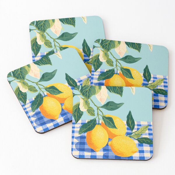 Item preview, Minimal Lemon Illustration on Blue and White Checkered Tablecloth designed and sold by BobaBunny76.