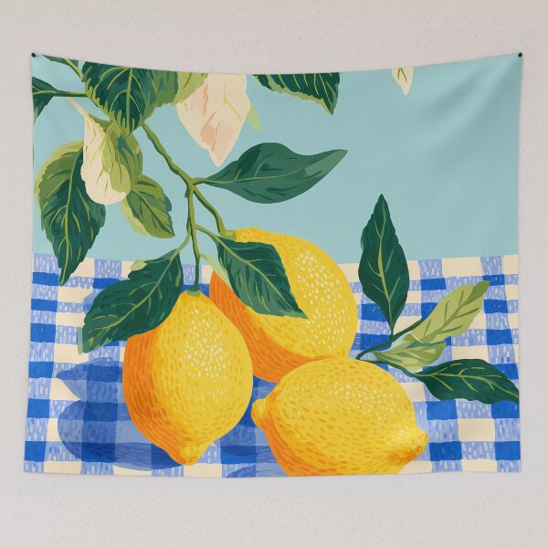 Item preview, Minimal Lemon Illustration on Blue and White Checkered Tablecloth designed and sold by BobaBunny76.
