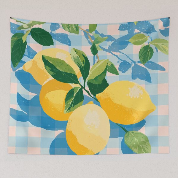 Item preview,  Minimal Lemon Illustration on Blue and White Checkered Tablecloth designed and sold by BobaBunny76.